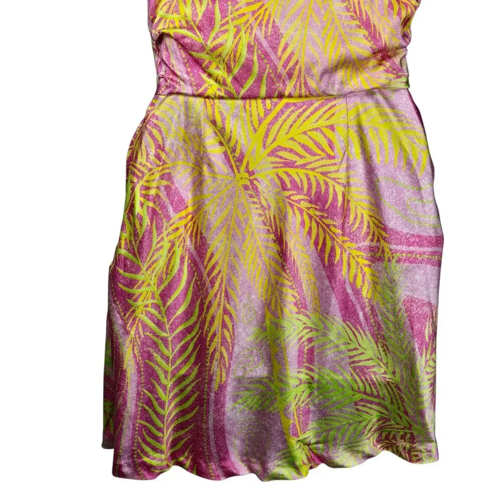 Retrofete Ariella Tropical Palm Silk Mini Dress Pink XS Cowl Neck Slip Resort